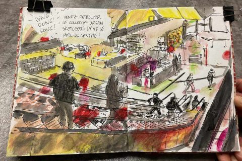 dessin des escalators de la Bpi par Urban Sketchers.