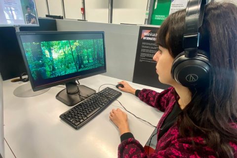 usager regardant un film sur un poste cinéma dans la bibliothèque