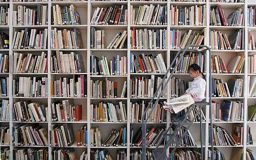 enfant sur une échelle devant un rayonnage de bibliothèque