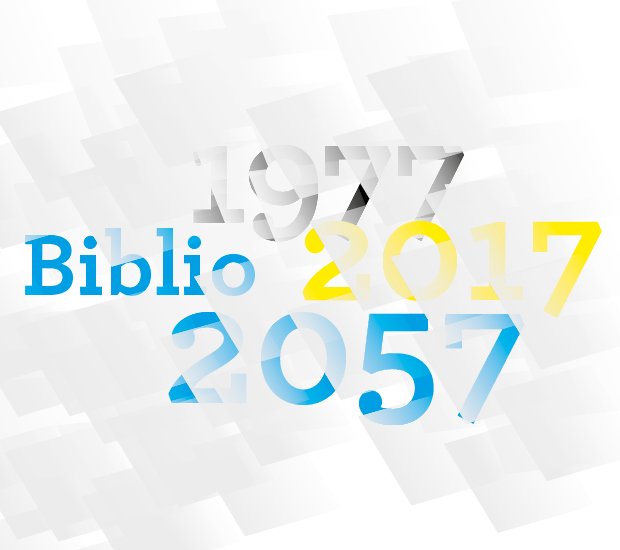 Logo des deux journées d'études BIBLIO 2057. Les dates 1977, 2017 et 2057 y apparaissent en se chevauchant.