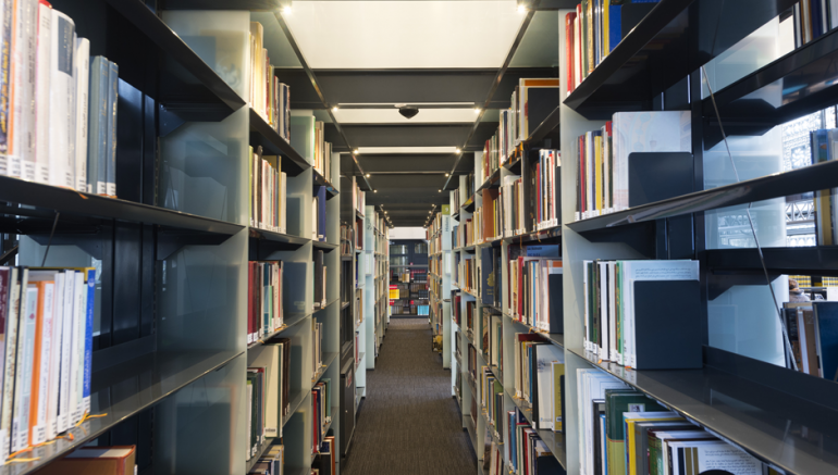 photographie des rayonnages de la bibliothèque de l'IMA