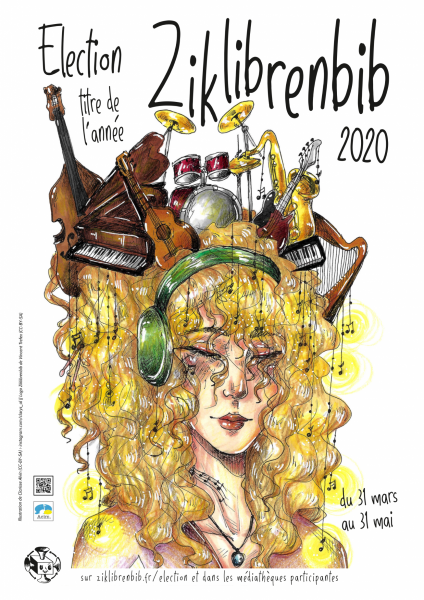 Affiche de l'élection Zikenlibrebib 2020 représentant une femme écoutant de la musique au casque, le visage surmonté d'instruments de musique