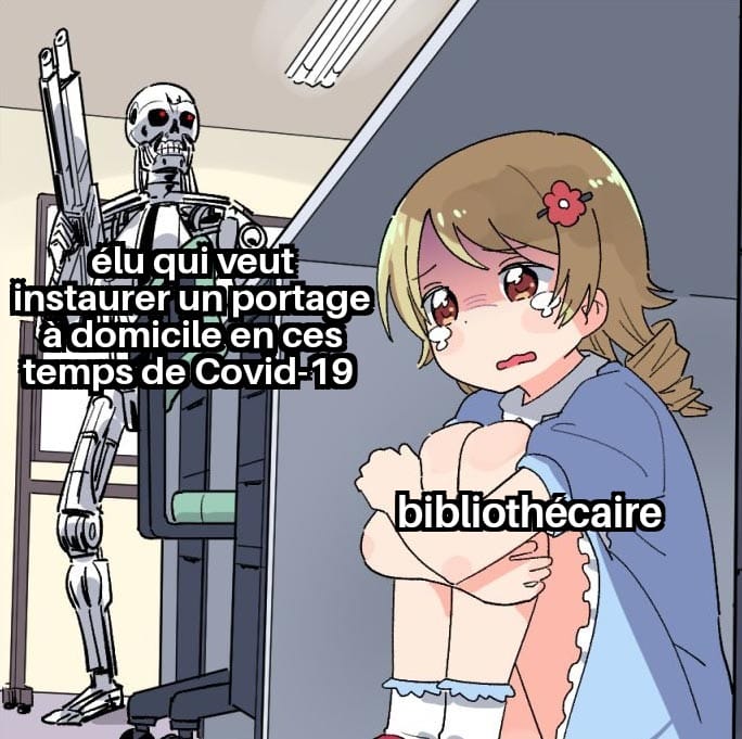 Dessin tiré d'un manga représentant un robot armé, identifié comme un élu, et une petite fille cachée sous un bureau en pleurs, identifiée comme un bibliothécaire