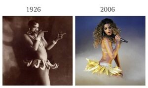 Photographies de Joséphine Baker en noir et blanc et de Beyoncé en couleurs, toutes deux chantant