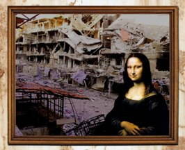 La joconde avec une ville syrienne en ruine en arrière plan