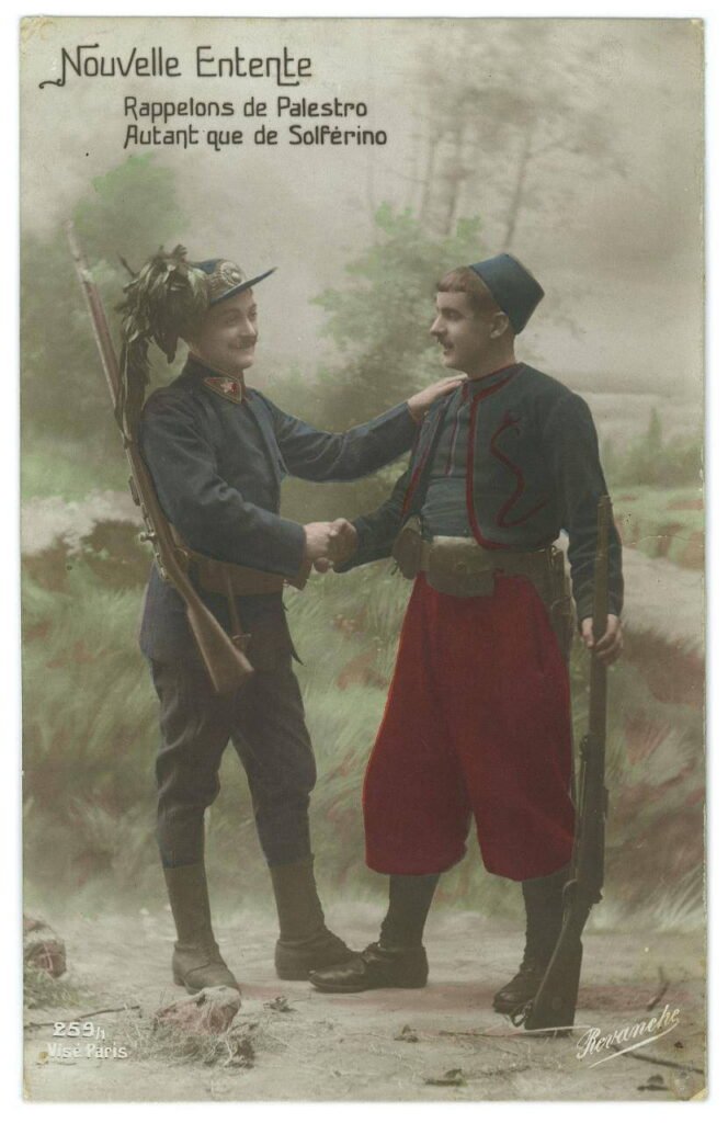un soldat et un zouave se serrent la main
