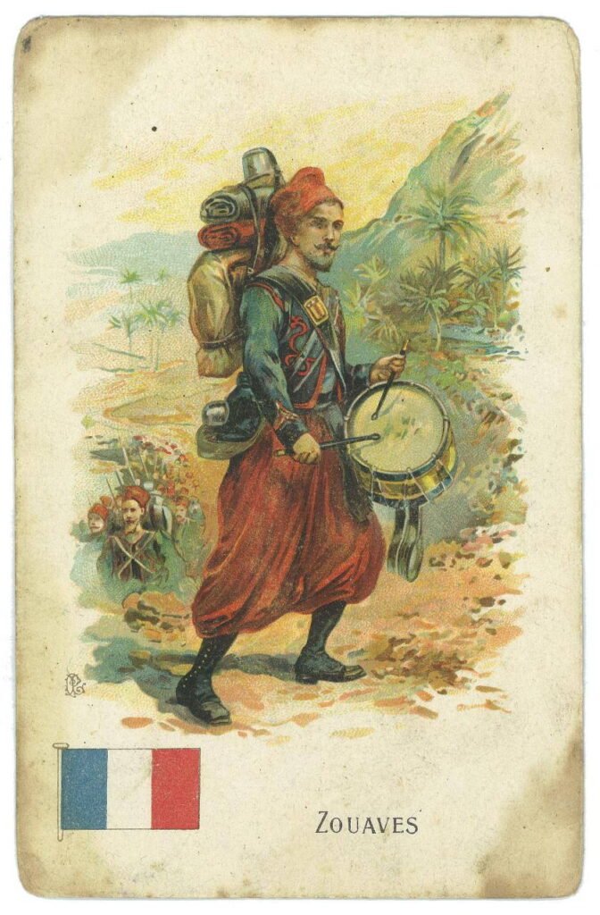 Zouave avec son tambour et le drapeau français en bas