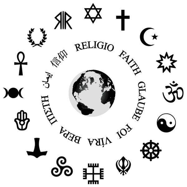 la Terre entourée par les symboles de chaque religion