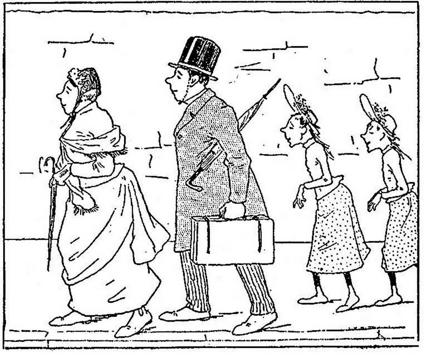 la famille Fenouillard à la queue leu leu, le père , la mère et les deux filles