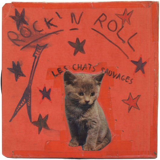 Couverture artisanale d’un disque du groupe Les Chats Sauvages, dessin et collage d'une photo de chaton.