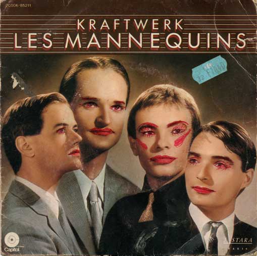 Pochette « Les mannequins » du groupe Kraftwerk. Les memebres du groupe sont maquillés au stylo rouge.