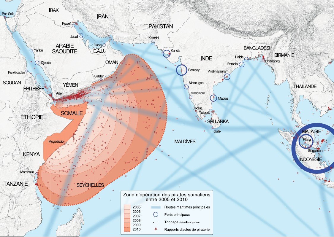 Carte : zones d'opérations des pirates somaliens, 2005-2010
