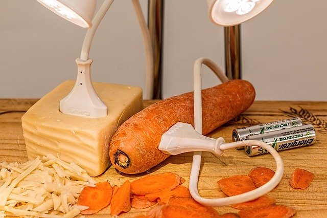 lampes branchées sur des légumes