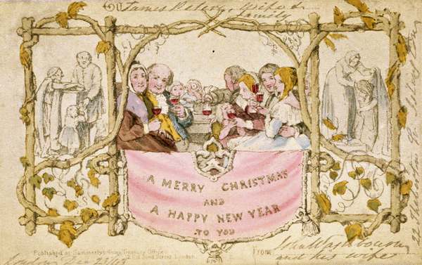 Dessin d'un groupe de convives autour d'une table levant un verre de vin au-dessus d'une banderole où il est écrit "A merry Christmas and a happy new year"